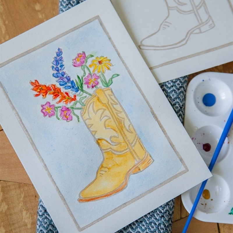 Cowboy Boot Flowers Watercolor Card Art Kit