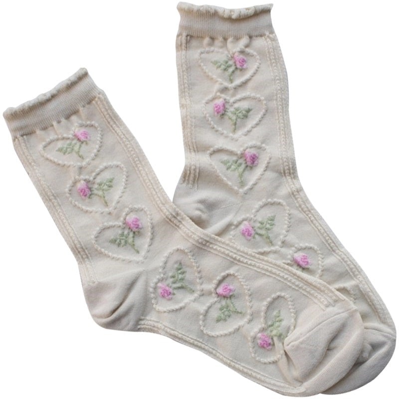 Womens Vintage Rose & Heart Casual Socks  Cream