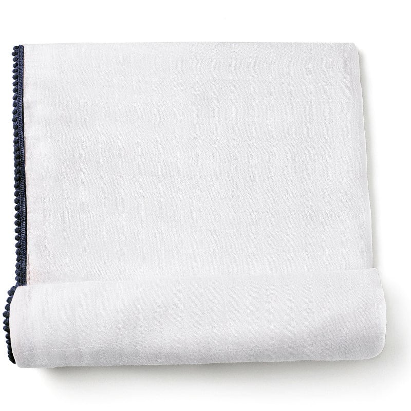 Luxe Silky Soft Bamboo Cotton Swaddle  Navy Pom Pom Trim