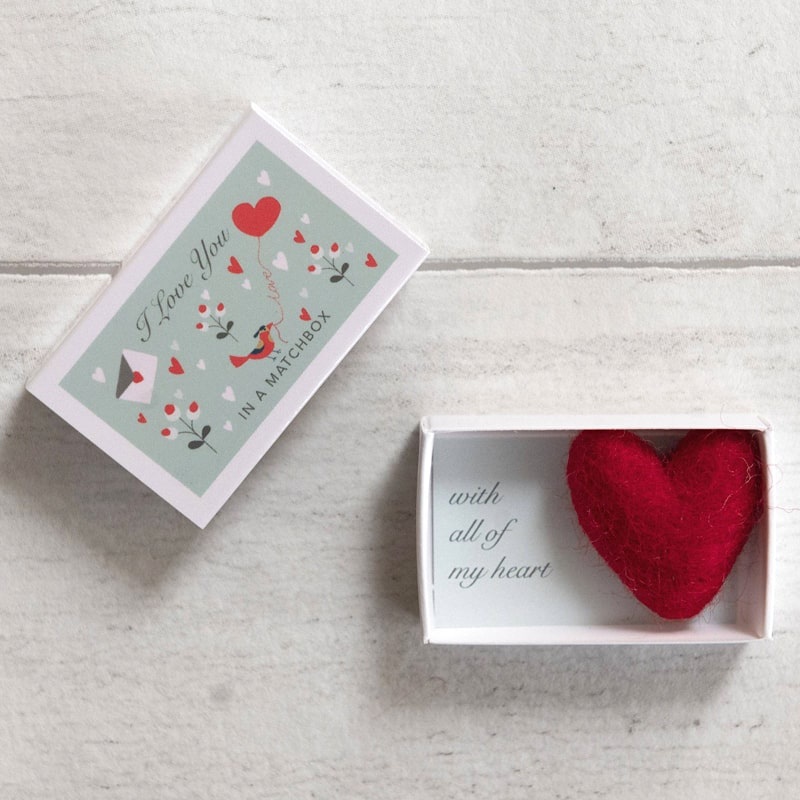 Wool Felt Heart And Love Message In A Matchbox